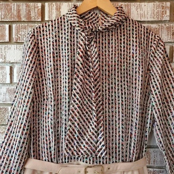 Vintage California Girl Bow Geometric Stripe Belted Midi Dress Tan Black - Picture 3 of 8